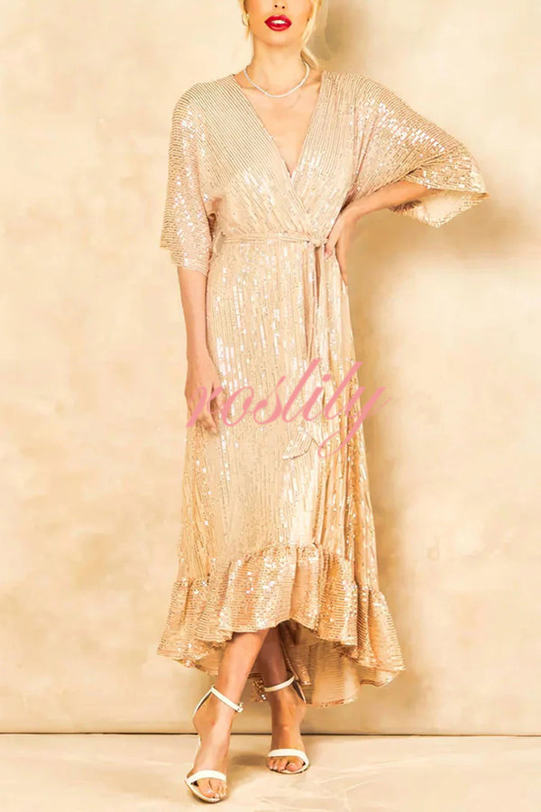 Solid Color Sequined V-neck Waist Tie Loose Maxi Dress