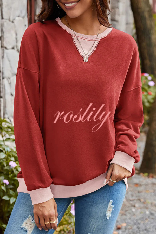 Fashionable Contrasting Color Loose Long-sleeved Casual Sweatshirt