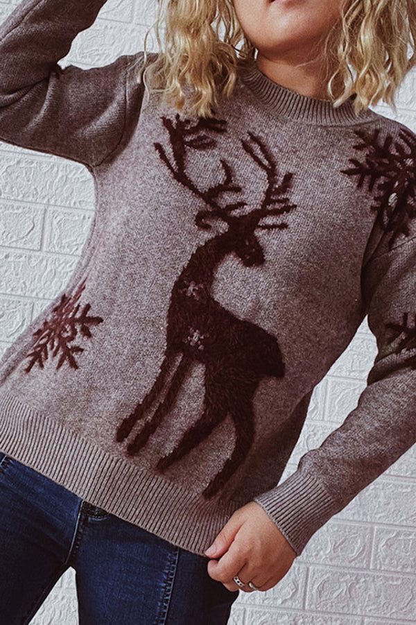 Christmas Pattern Knitted Crew Neck Long Sleeved Sweater