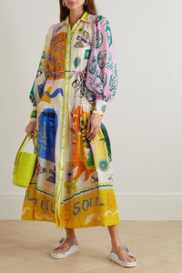 Boldness and Art Linen Blend Unique Print Balloon Sleeve Patchwork Shirt Midi Dress