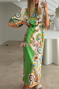 Southern Italy Satin Unique Print Bell Sleeve Loose Slit Midi Dress