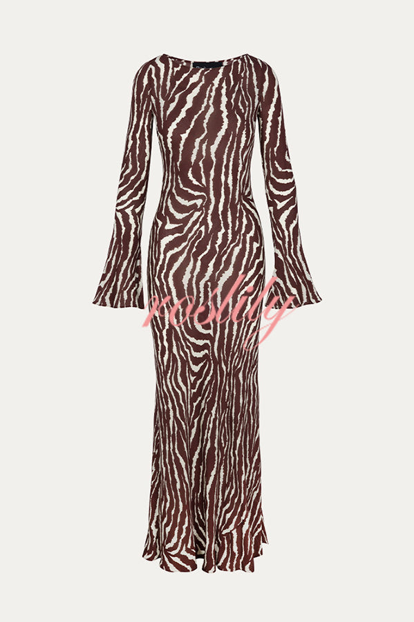 Gia Unique Print Boat Neck Long Bell Sleeve Bias Cut Maxi Dress