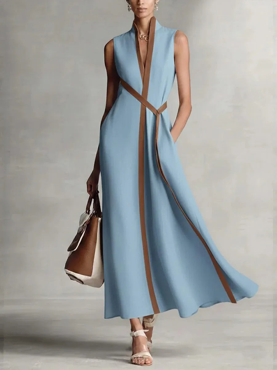 Elegant Contrast Trim Sleeveless Cotton Linen Maxi Dress