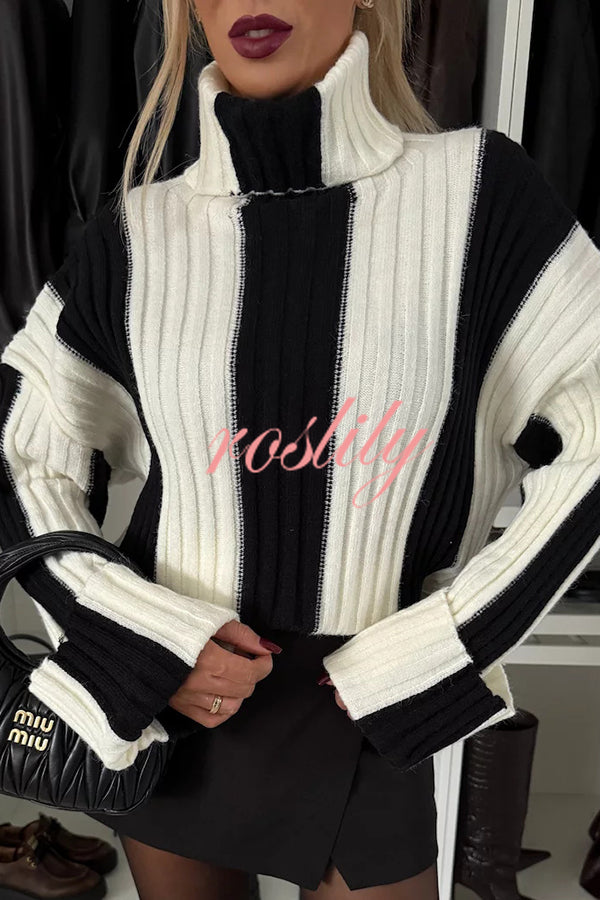 Comfort and Warmth Knit Color Block Long Sleeve Turtleneck Sweater