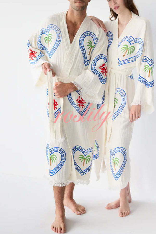 Maia Linen Blend Unique Print Belt Swimwear / Lounge Cover-up Robe