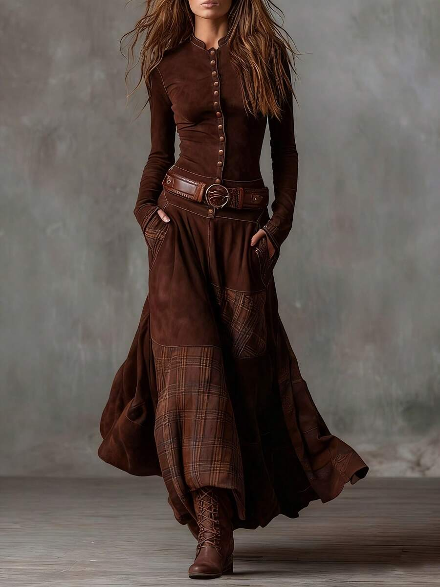Vintage Boho Button-Up Patchwork Maxi Dress