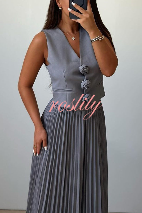 Stylish Rosette Sleeveless Tank Top and Pleated Maxi Skirt Set