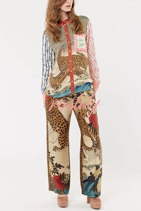 Tropical Jungle Tiger Unique Print Long Sleeve Loose Shirt and Elastic Waist Pants Set