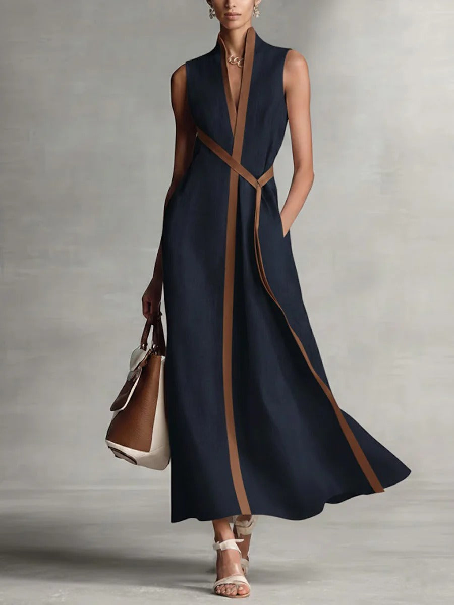 Elegant Contrast Trim Sleeveless Cotton Linen Maxi Dress