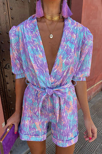 Joyful Smiles Printed Puff Sleeve Lapel Belted Romper