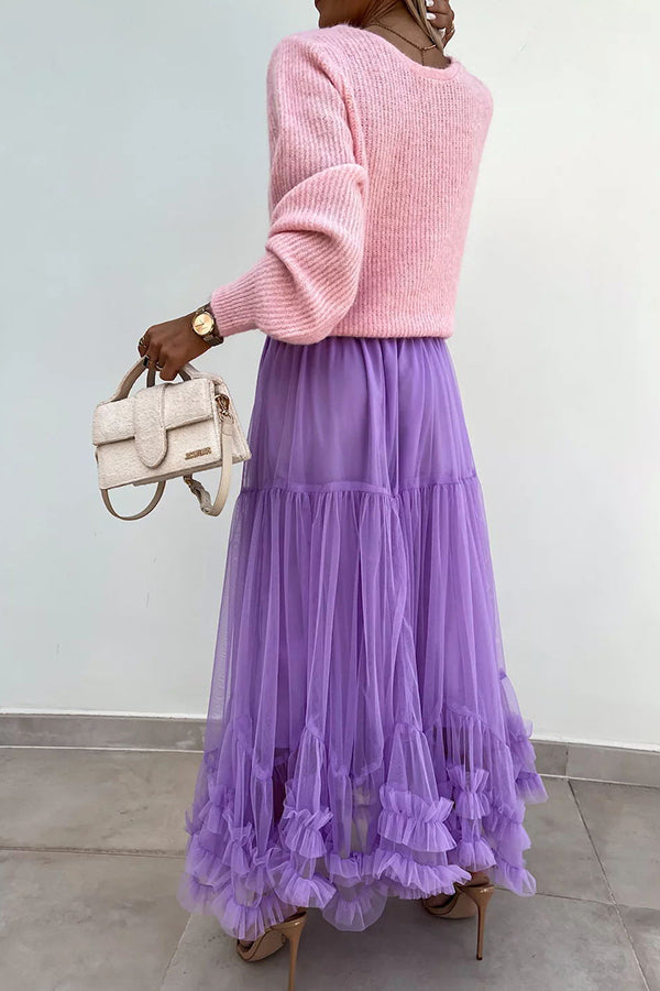 Elegant Tulle Stretch Waist Paneled Pleated Maxi Skirt