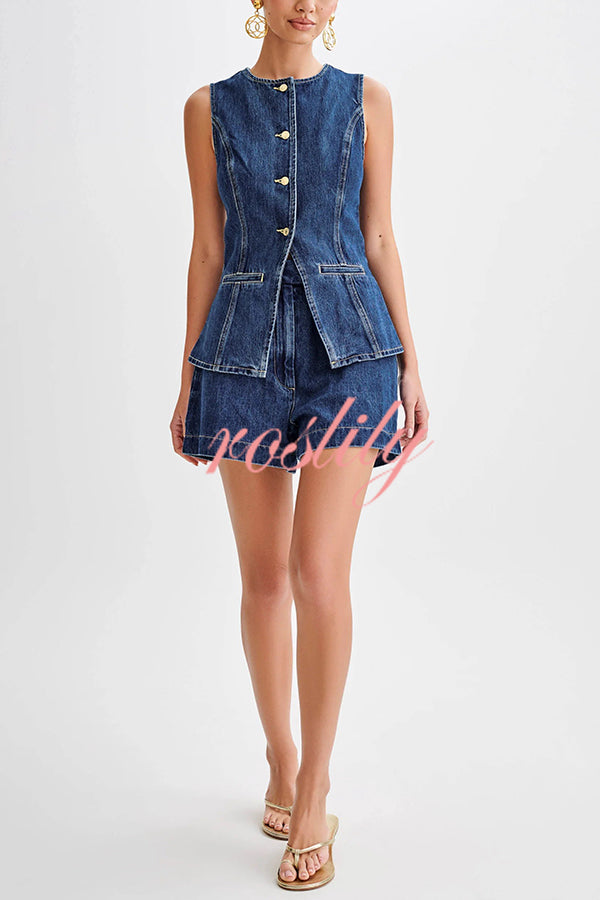 Abel Denim Button Up Princess Seams Pocket Vest Top