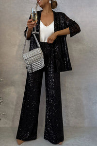 Party Scene Sequin Open Front Long Sleeve Drape Coat