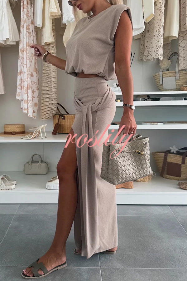 Comfortable Stylish Round Neck Sleeveless Casual Top and Elastic Waist Ruched Tie Slit Midi Skirt Set