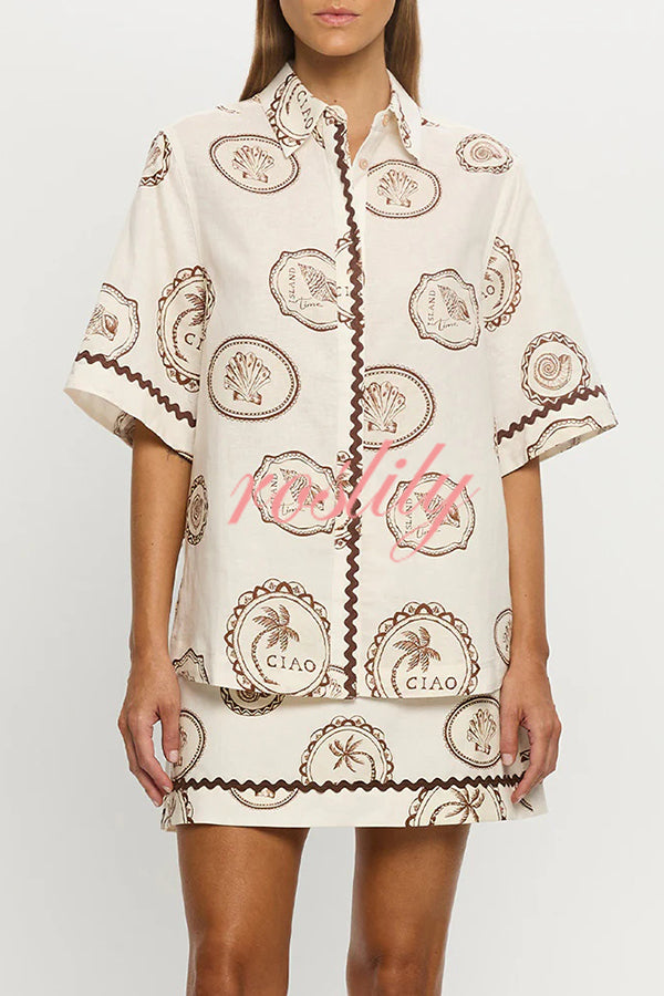 Resort Style Print Lapel Short Sleeve Shirt and Casual Mini Skirt Set