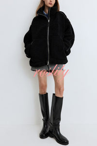 Solid Color Stitching High Collar Long Sleeve Loose Pocket Woolen Coat