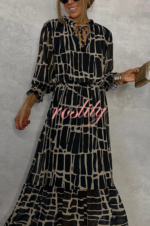 Unique Printed V-neck Tie-up Waist Long-sleeve Maxi Dress