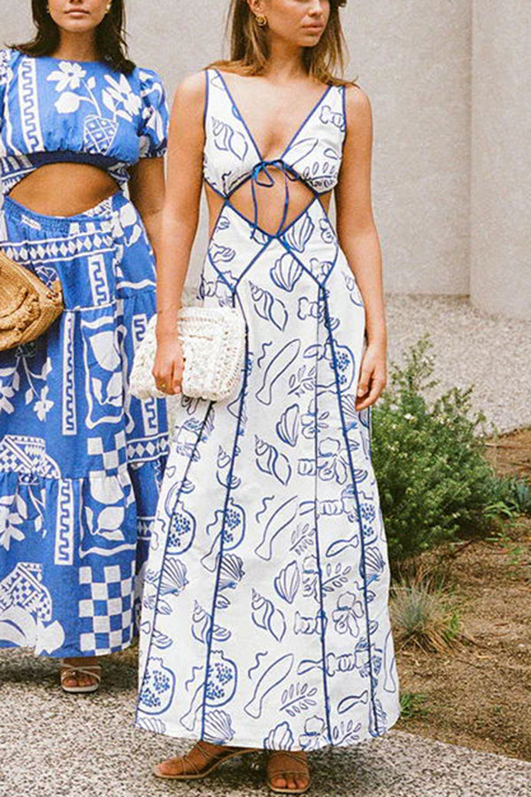 Love The Coastline Linen Blend Unique Print Cutout Tie-up Backless Maxi Dress