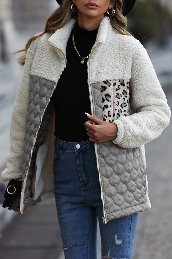 Casual Patchwork Plush Long Sleeve Leopard Print Pocket Loose Zipper Jacket