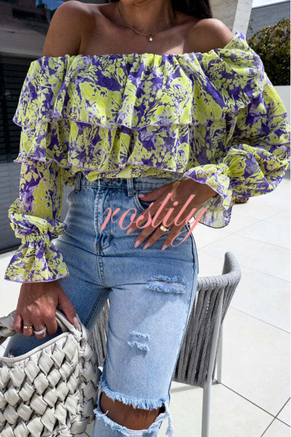 Colorful Botanical Print Sexy Off-shoulder Ruffle Top