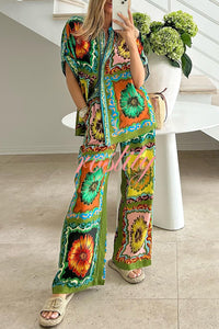 Disco Daisy Unique Printed Colorblock Elastic Waist Pocket Pants Set