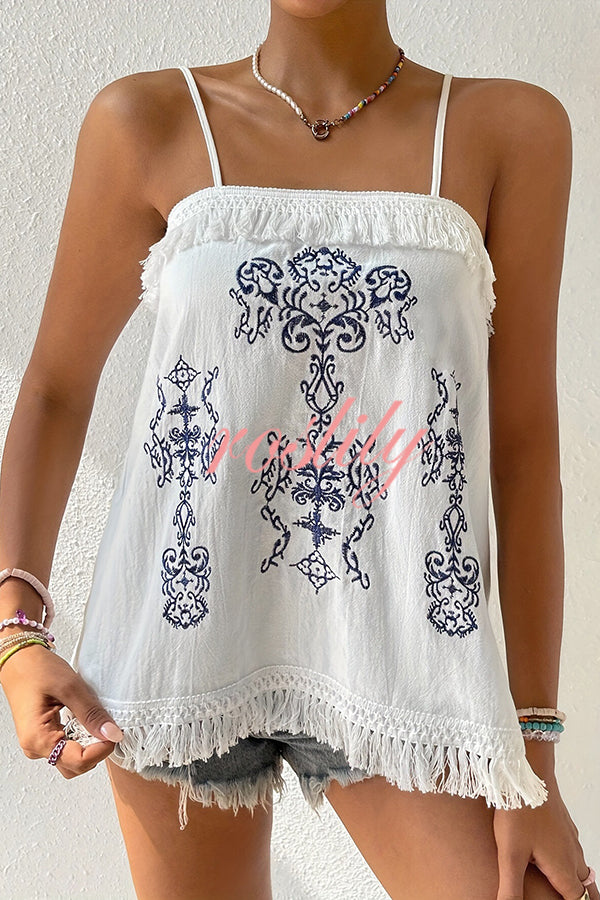 Ethnic Embroidered Adjustable Straps Fringed Top