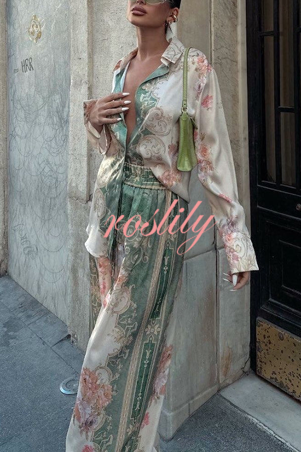 Antibes Satin Court Unique Printed Long Sleeve Loose Shirt and Elastic Waist Pants Set