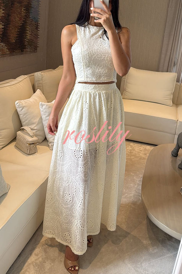 Kaya Embroidery Hollow Lace Back Smocked Tank and Elastic Waist A-line Maxi Skirt Set