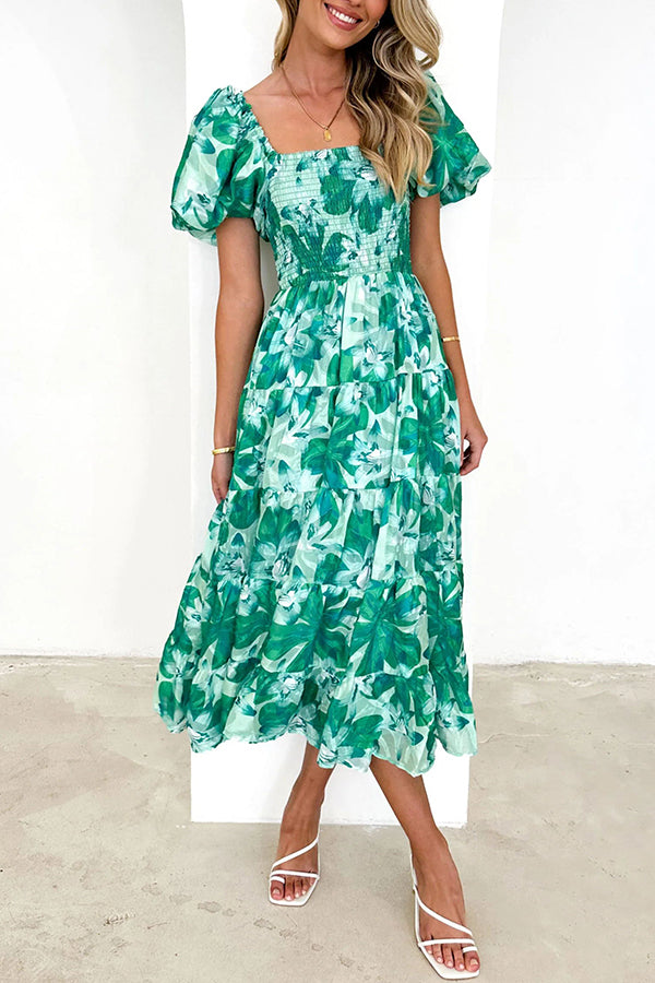 Petal Princess Unique Print Smocked Waist Puff Sleeve Midi Dress