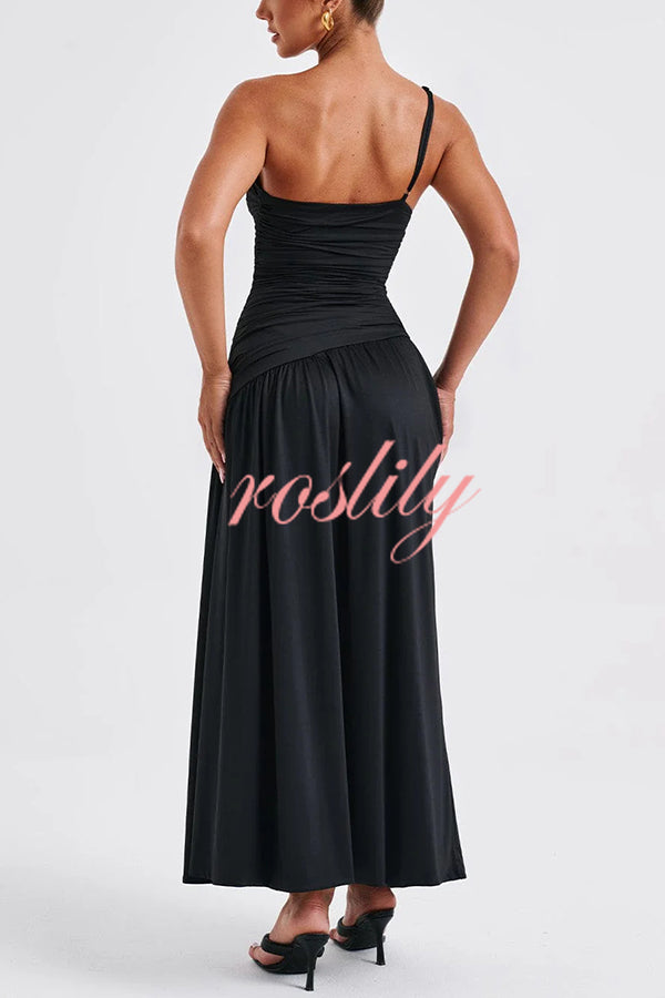 Sexy One-shoulder Strap Gathered Slim Fit Slit Maxi Dress