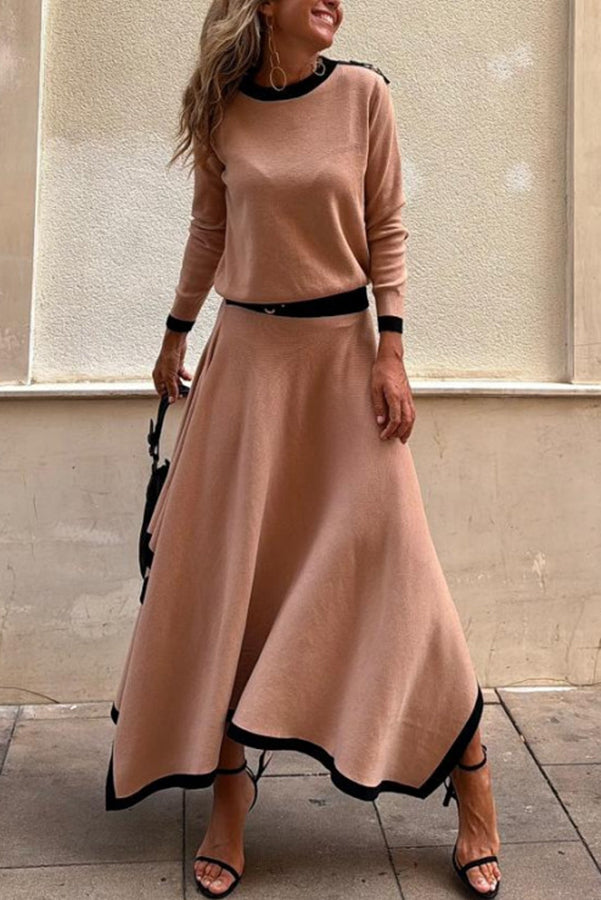 Kadie Colorblock Elastic Waist Buckle Detail Irregular Hem Maxi Skirt