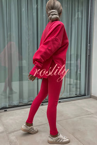 Solid Color Loose Long Sleeve SlitSweatshirt and Elastic Waist Tight Pants Set