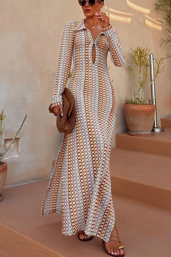 Bondi Beach Knit Colorful Wave Print Long Sleeve Vacation Maxi Dress