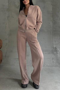 Solid Color Casual Long Sleeve Zipper Jacket and Elastic Waist Pocket Wide Leg Pants Set