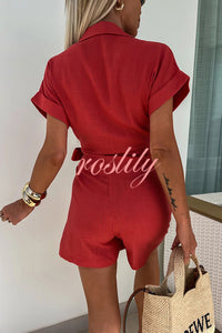 Relaxing Beach Linen Blend Solid Color Wrap Loose Shirt Romper