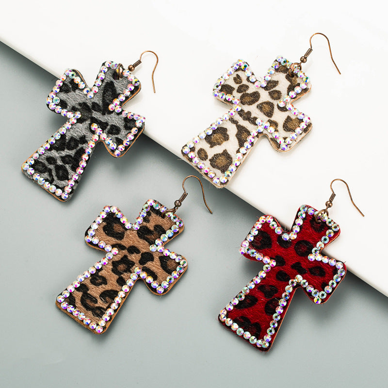 Exaggerated Cross Personality Leopard Print Earrings