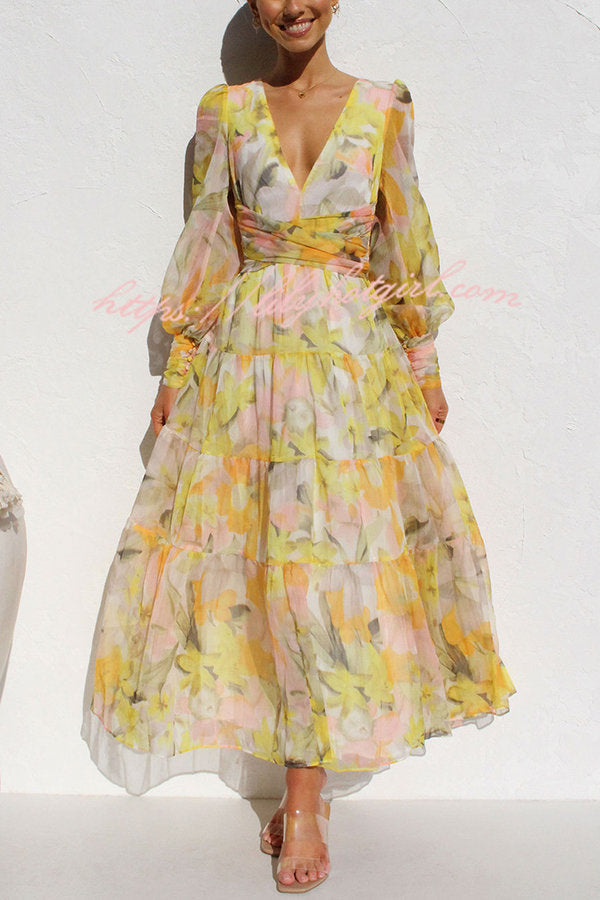 Olena Abstract Floral Balloon Sleeves Maxi Dress