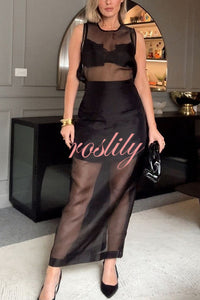 Embraces Modern Sheer Organza Pocket Oversized Tank and High Rise Slit Midi Skirt Set