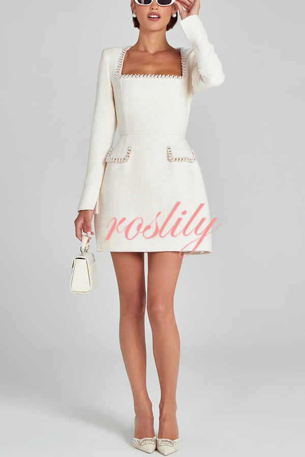 Girly and Glamorous Tweed Fabric Pearl Trim Long Slit Sleeve Pocketed Mini Dress