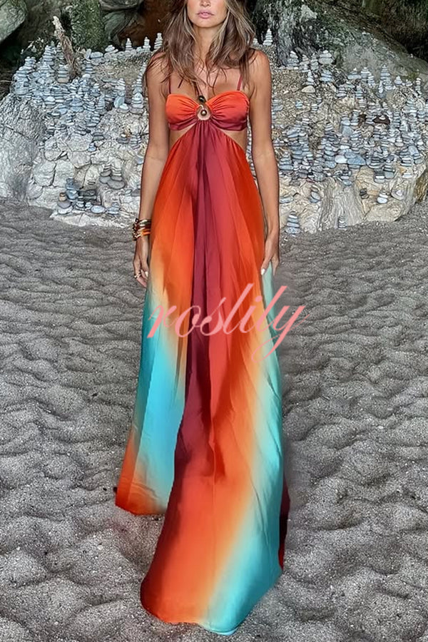 Neon Sunset Printed Metal Decoration Cutout Back Tie-up Vacation Maxi Dress