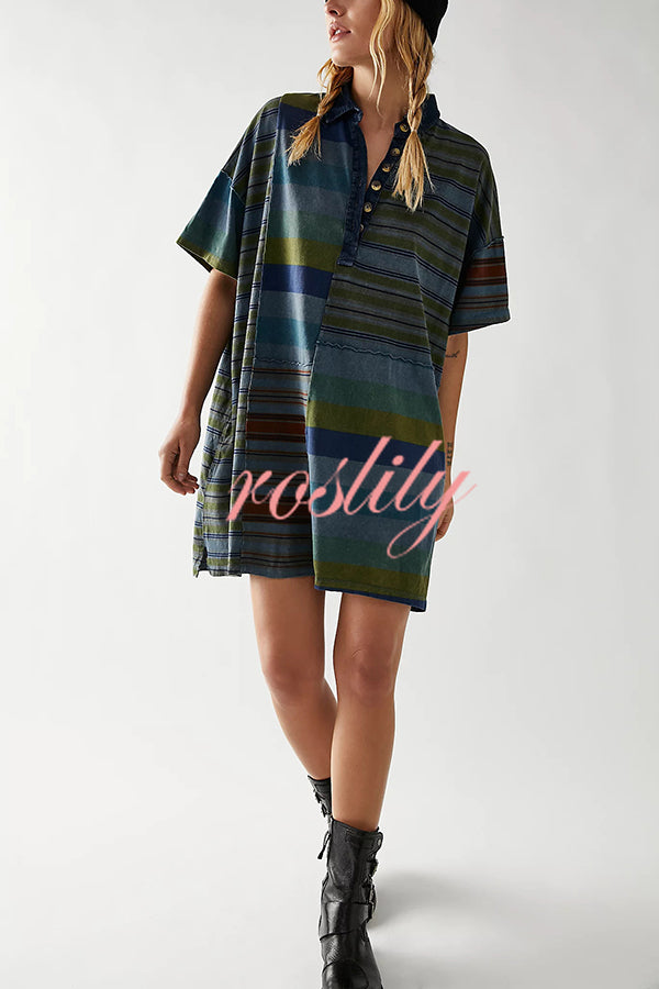 Contrast Striped Patchwork Denim Lapel Loose Casual Mini Dress