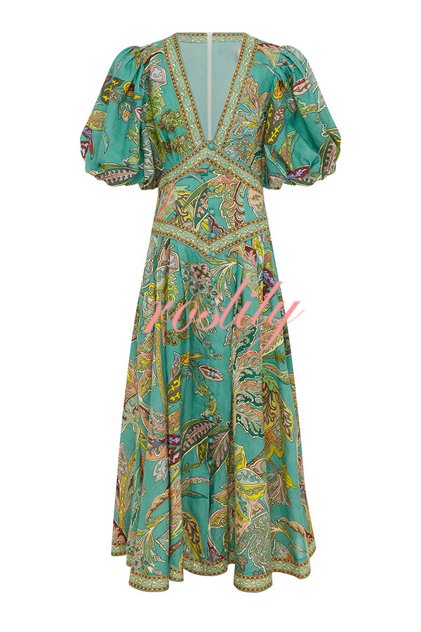 Chic Vacation Linen Blend Unique Print Button Puff Sleeve Pocket Maxi Dress