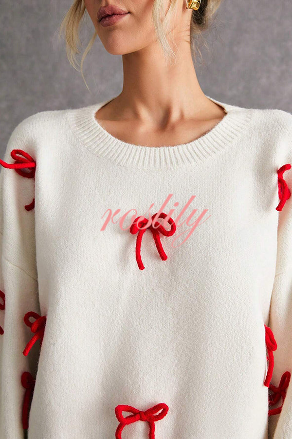 Christmas Bow Round Neck Loose Long Sleeve Knitted Sweater