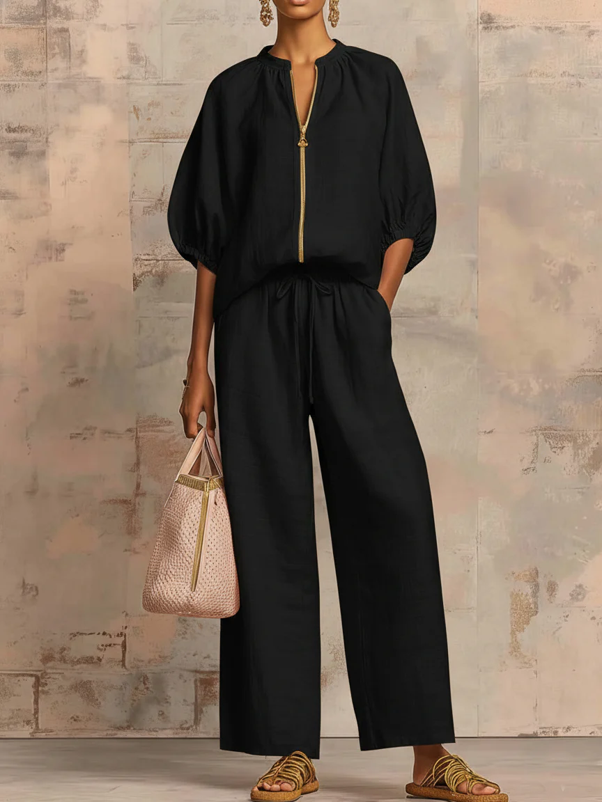 Cotton Linen Effortless Zip-Front Wide Leg Two-Piece Set