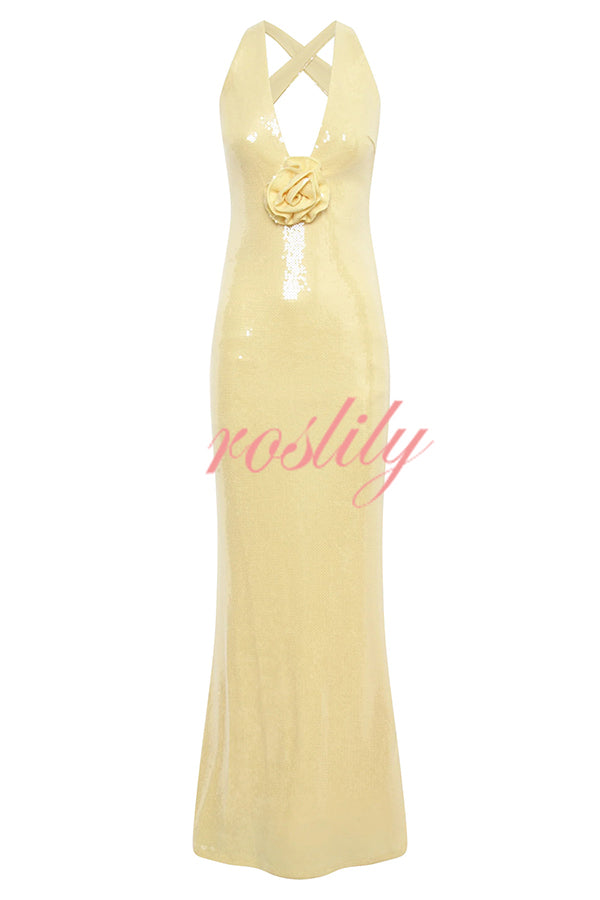 Sicilian Rose Sequin Three-dimensional Floral Sexy Backless Maxi Dress