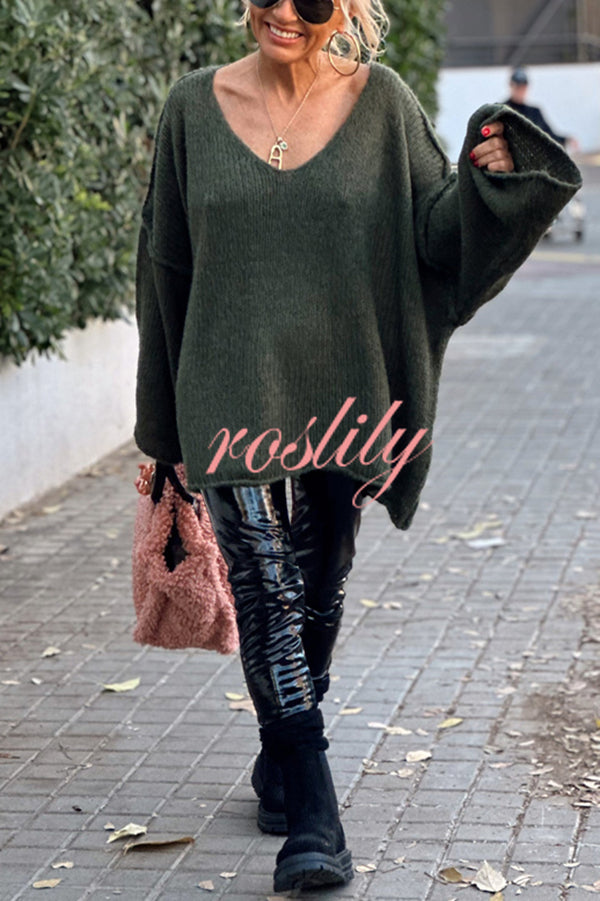 Fashionable Patchwork V-neck Long-sleeved Knitted Sweater