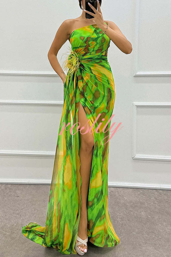 Amazing Views Watercolor Print Feather Rose Detail Off Shoulder Pleated Slit Maxi Dress