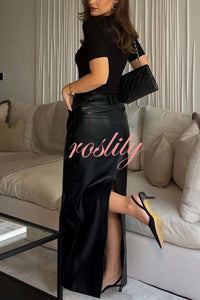 Classic Feel Faux Leather Mid Rise Pocket Slit Stretch Maix Skirt