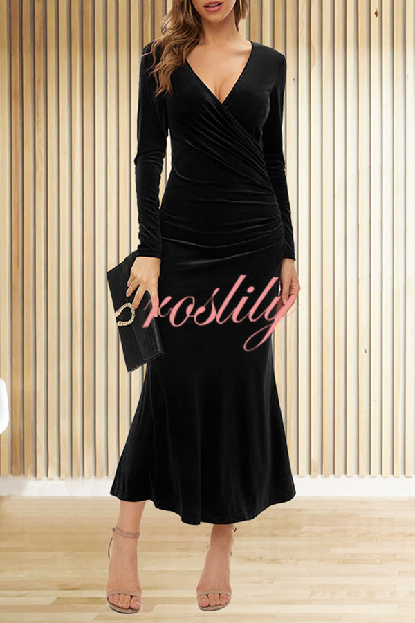 Solid Color Velvet Long Sleeve V-neck Slim Fit Fishtail Maxi Dress