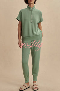 Comfortable and Relaxed Zip-up Short Sleeve Sweatshirt and Elastic Waist Pocket Stretch Pants Set